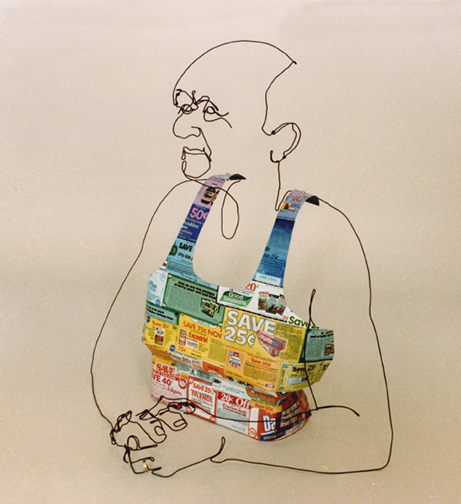 Figurative wire sculpture of sitting man with coupon shirt