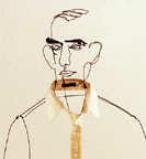 Figurative wire sculpture of standing man with dark eyebrows