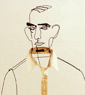 Figurative wire sculpture of standing man with yellow shirt