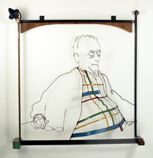 Figurative wire sculpture of sitting man in plaid shirt